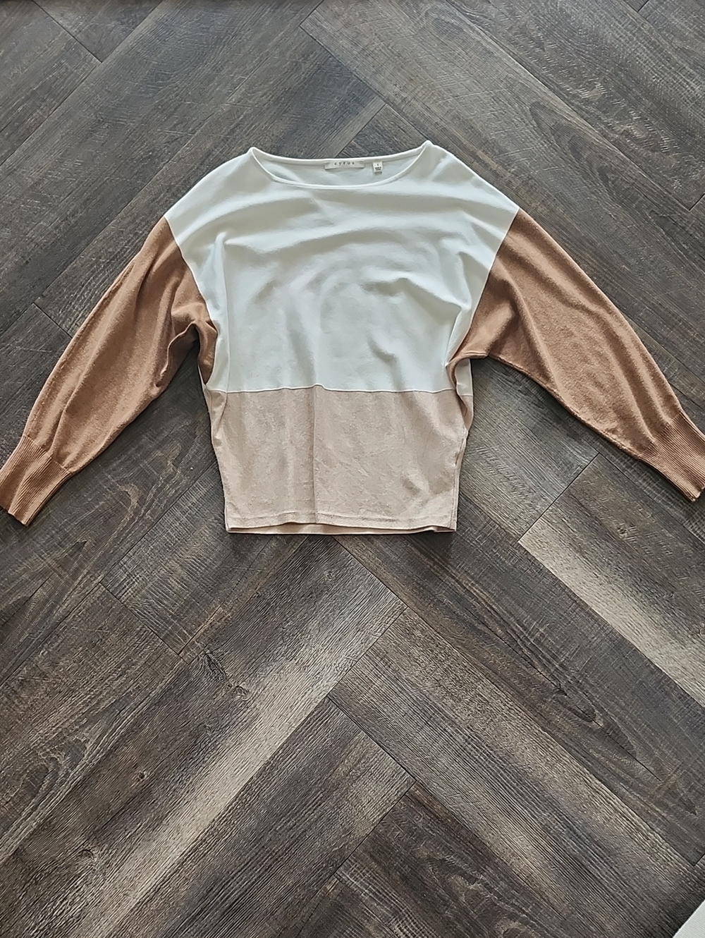 Cyrus White Knit Top with Brown Sleeves